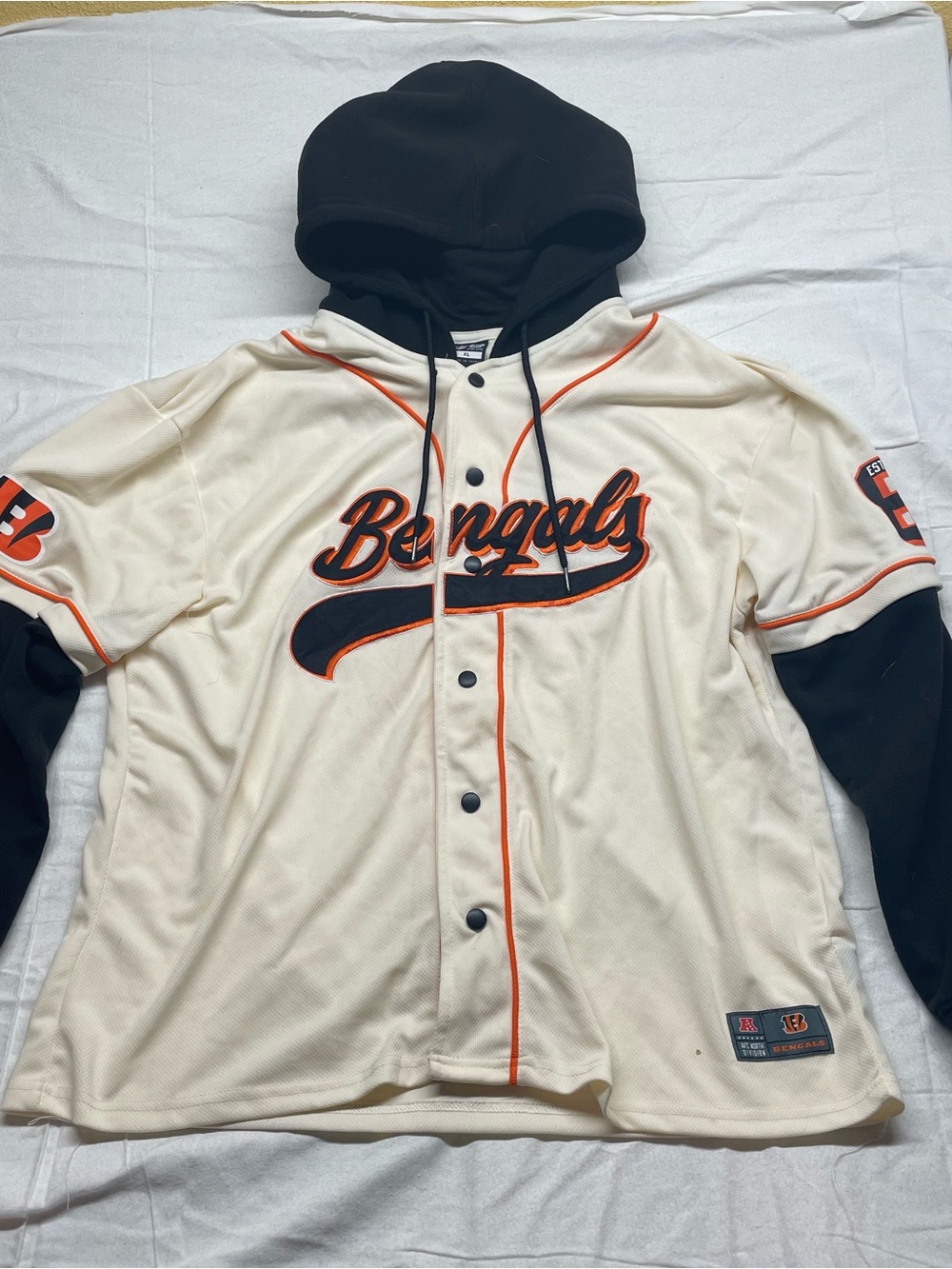 Bengals Hooded Baseball Jacket in Cream and Black